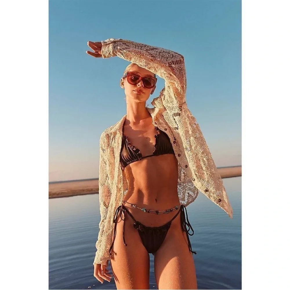 Free‎ People Until Sundown Shirt Crochet Lace Neutral Button Down Small